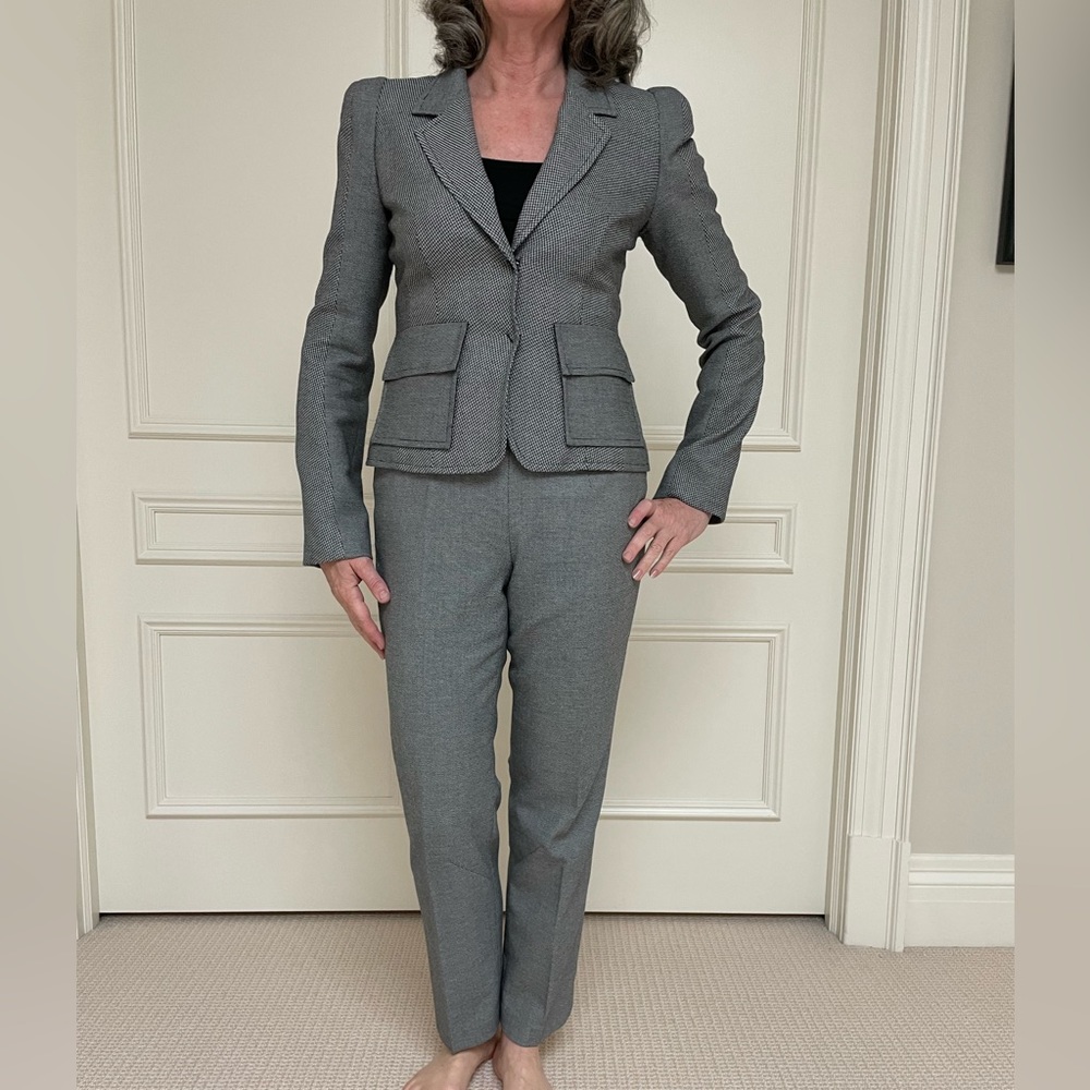 Multi print grey suiting with notched collar, bootcut pants